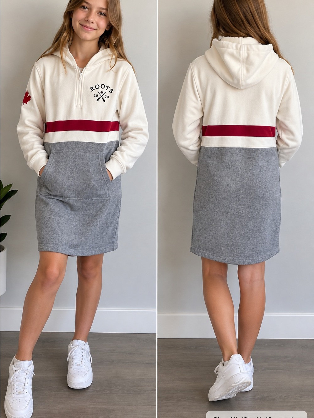 Roots Canada Girls XL 11–12Y Hoodie Dress White Grey & Red